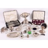 A mixed group of antique Sterling silver and white metal objects, including scent bottles, pin