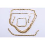 A group of 9ct yellow gold jewels, including a fancy entwined graduated flexible curb link