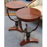 A pair of circular occasional tables in Biedermeier manner on triform bases, D: 46cm x H: 69cm.