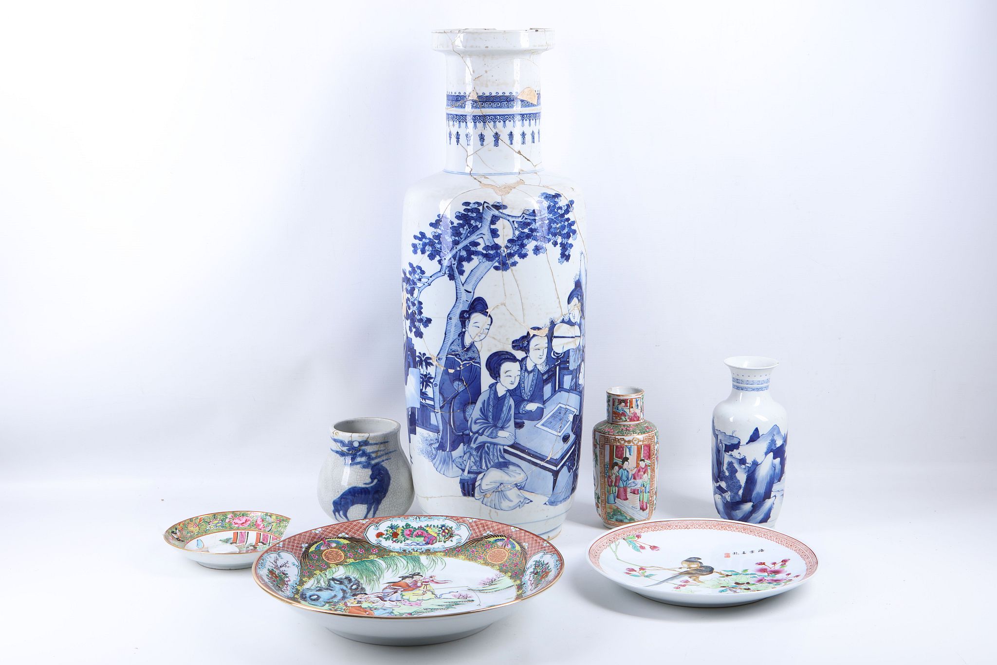 A large late 19th Century Chinese porcelain blue and white vase A/F, a Cantonese vase, another