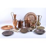 A quantity of brass and copper items, to include a pair of short copper and silver plate