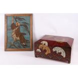 An Oriental lacquer box and an antique framed Japanese needlework picture.