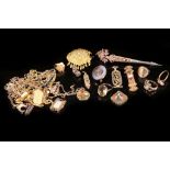 A group of gold, silver and metal jewellery, including an antique gold filigree brooch A/F, a French