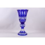 A large Bohemian cameo cut blue and clear crystal vase, 50.5cm high.