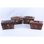 Four Regency style faux tortoiseshell tea caddies all of sarcophagus form, with white metal