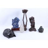 A selection of Oriental / Indian carvings to include a lapis lazuli dragon chasing the flaming