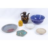 A mixed collection of Chinese pottery items, blue lustre glazed bowl, teapot, an antique cloisonne