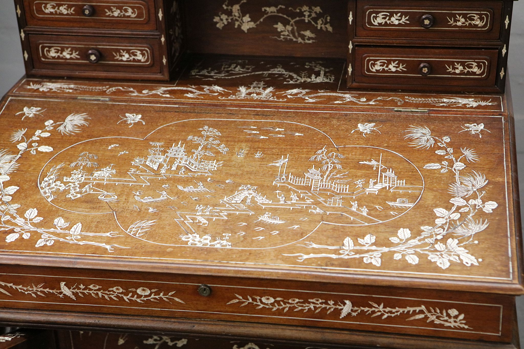 A 19th Century Chinese inlaid hardwood desk from Ningbo province, 65cm wide x 56cm deep x 112cm - Image 2 of 3