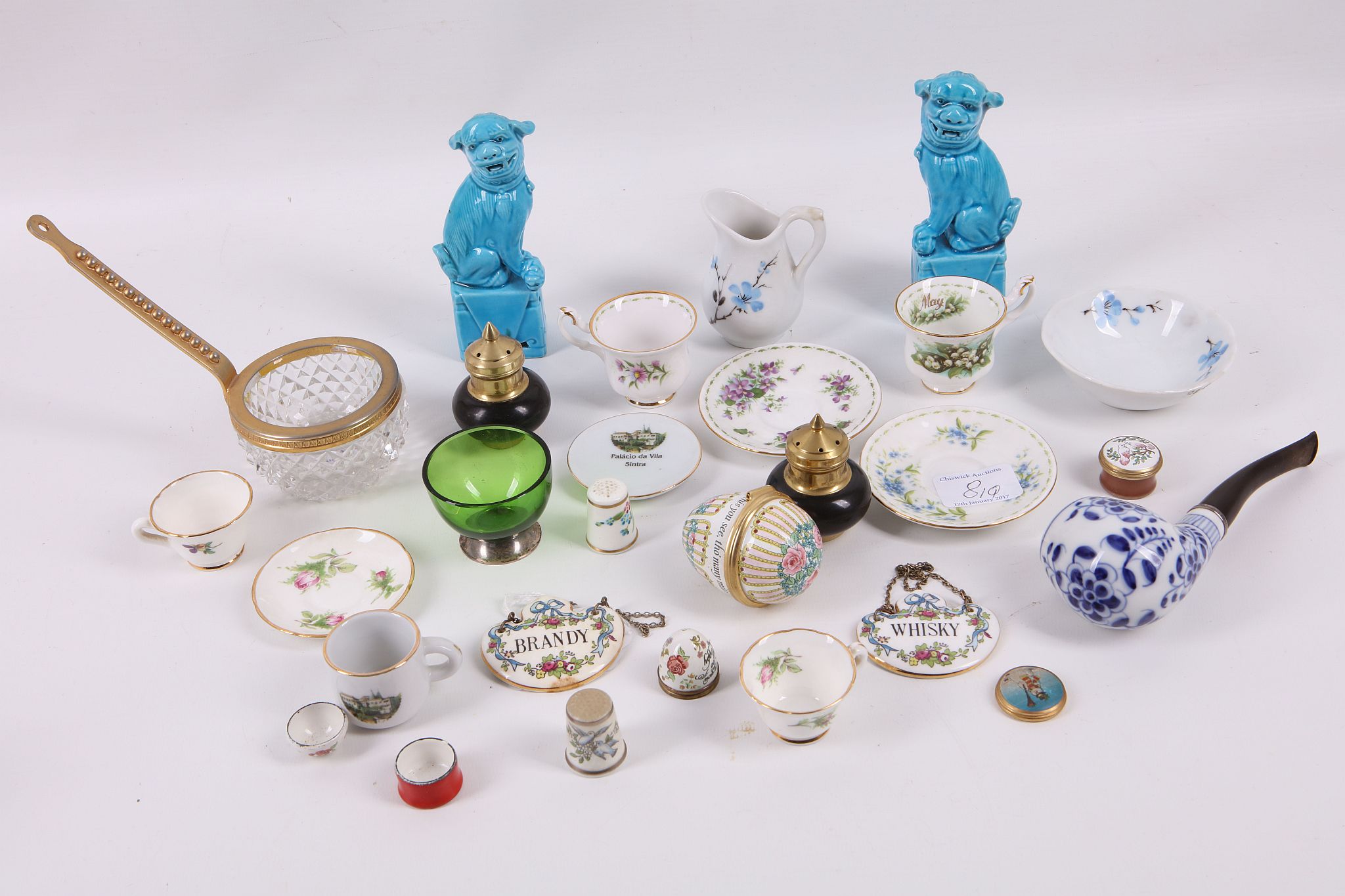 A mixed collection of miniature items, to include Battersea enamel boxes, a pair of Crown Derby bone