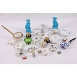 A mixed collection of miniature items, to include Battersea enamel boxes, a pair of Crown Derby bone