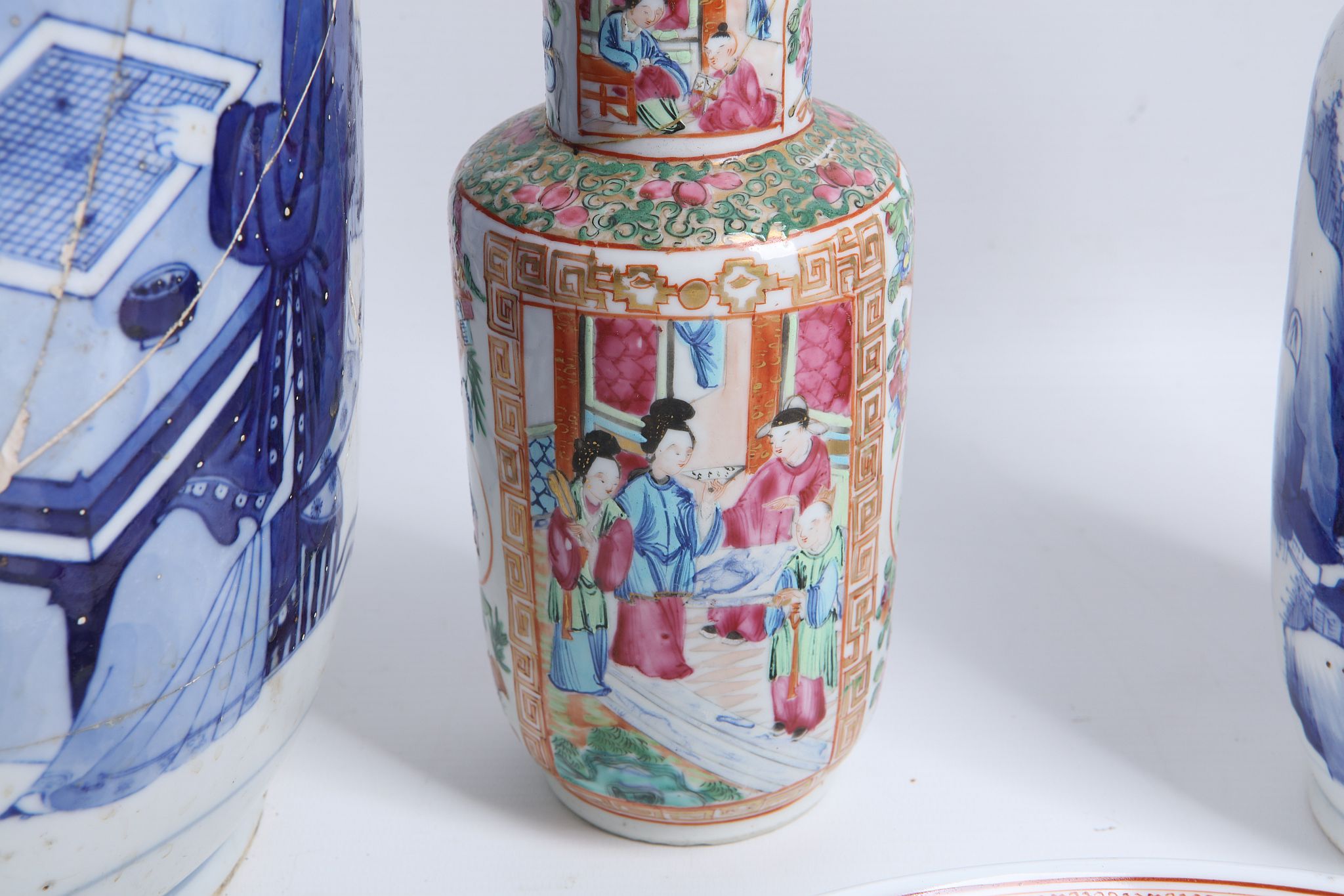 A large late 19th Century Chinese porcelain blue and white vase A/F, a Cantonese vase, another - Image 5 of 5