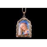 A Limoges enamel and rose-cut diamond votive pendant of the Madonna c.1940, the finely enamelled