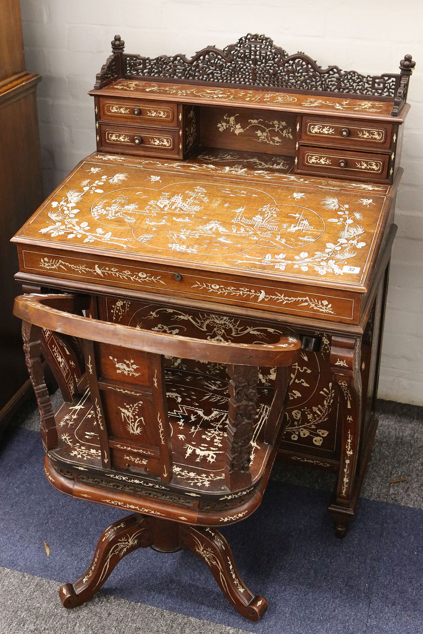 A 19th Century Chinese inlaid hardwood desk from Ningbo province, 65cm wide x 56cm deep x 112cm