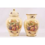 An Aynsley bone china vase, decorated to both sides with summer fruits, on pale yellow lustre ground