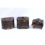 Three Regency style faux tortoiseshell and silver plated tea caddies, of various shapes, all with