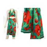 HERMES VINTAGE COTTON PAREO AND MATCHING TOP, green ground with large red flower heads design, the