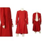 YVES SAINT LAURENT RIVE GAUCHE RED DRESS, silk and cotton mix, long sleeves with open back and