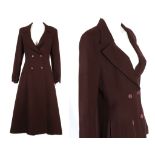 CHLOE LONG AUBERGINE WOOL COAT, 1990s, unlined, A-line and double breasted with slit pockets at