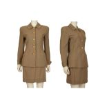 CHRISTIAN DIOR TAUPE SKIRT SUIT, 1980s, the jacket with gilt metal sunflower head buttons, size 4 (