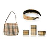 BURBERRY CHECK ITEMS, to include a tweed shoulder bag, a coin purse, a wallet, a boxed document