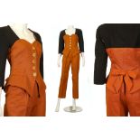 CHRISTIAN LACROIX RUST AND BLACK TROUSER SUIT, 1990s, the jacket with sweetheart neckline and