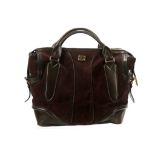 BURBERRY SUEDE AND LEATHER HANDBAG, aubergine suede body with dark brown leather trim and rolled