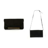 TWO VINTAGE LOEWE CLUTCH BAGS, one black suede with metal bar front, the other navy leather with