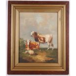 An oil painting pastural landscape with livestock in a meadow, oak framed, 40cm x 30cm.