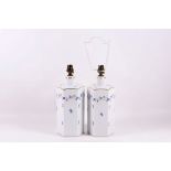 A pair of Herend porcelain table lamps, hexagonal bodies with blue and green decoration, 28cm