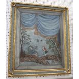 A decorative antique French oil on canvas, painted as a fresco with figures in a curtained window,