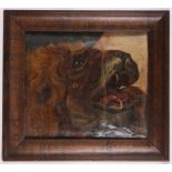 An oil on card painting of a lion's head, framed, 36 x 41cm.