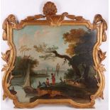 A highly decorative antique French oil on canvas of fisherfolk on the shore, in floral giltwood