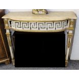 A small French bow fronted consul table, with faux marble top and key fret decoration, 89cm wide.