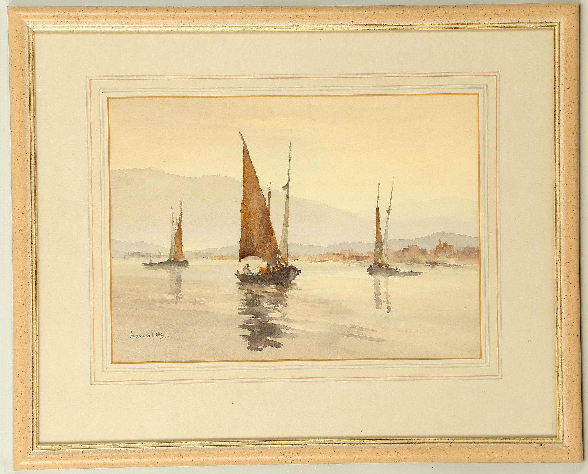 Francis Leke b.1912. 'Coastal View'. Watercolour marine composition with small red sail boats off