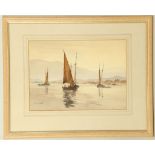 Francis Leke b.1912. 'Coastal View'. Watercolour marine composition with small red sail boats off