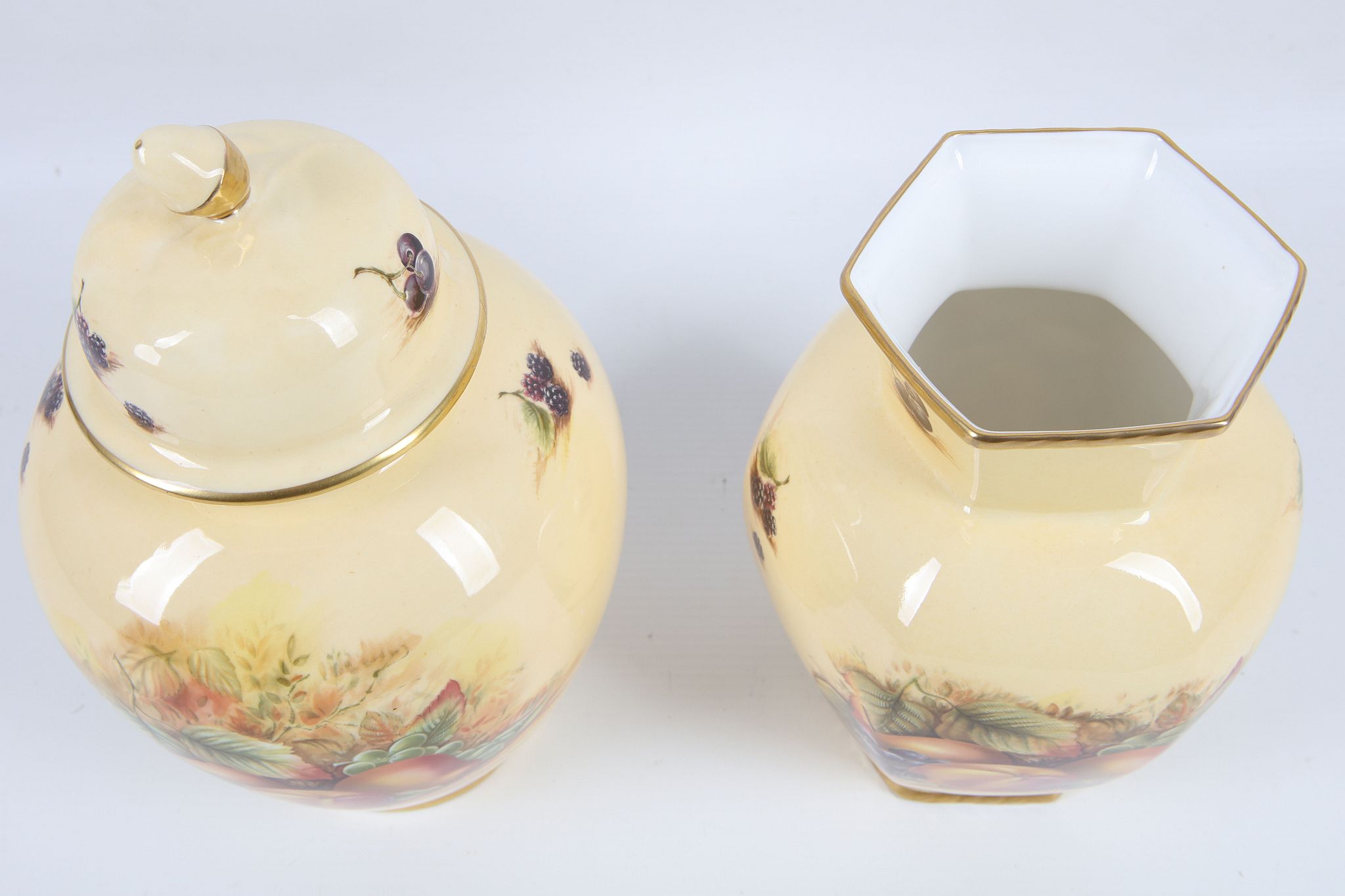 Aynsley bone china vase, decorated with summer fruits on yellow lustre and Aynsley ginger jar and - Image 3 of 5