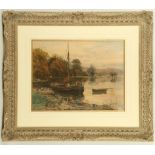 William Glover 1836-1916. 'Lake Scene with Moored Fishing Boat'. Watercolour. Signed lower right. In