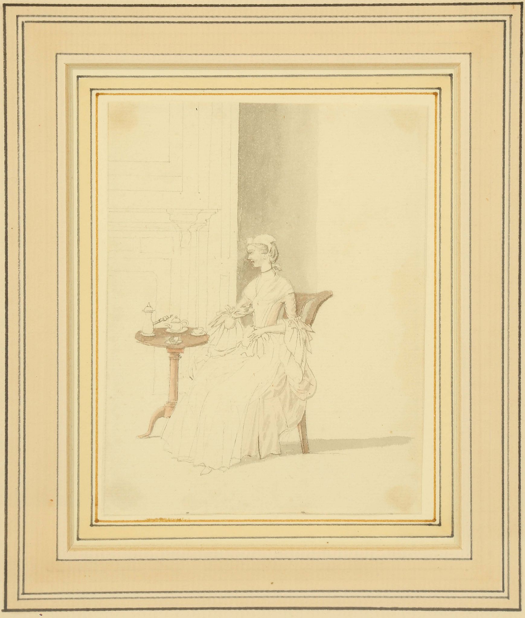 Anthony Highmore 1718-1785. 'A Young Lady Seated Taking Tea'. Watercolour and pencil. Label verso - Image 2 of 4