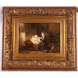 After J. Paton. A decorative oil on panel interior scene of a sleeping child attended to by her