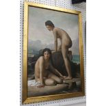 A large painting of 2 nude girls on rocks by the sea, indistinctly signed, oil on board, gilt