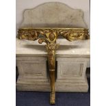 A 19th Century French serpentine fronted consul table, with marble top on giltwood support with
