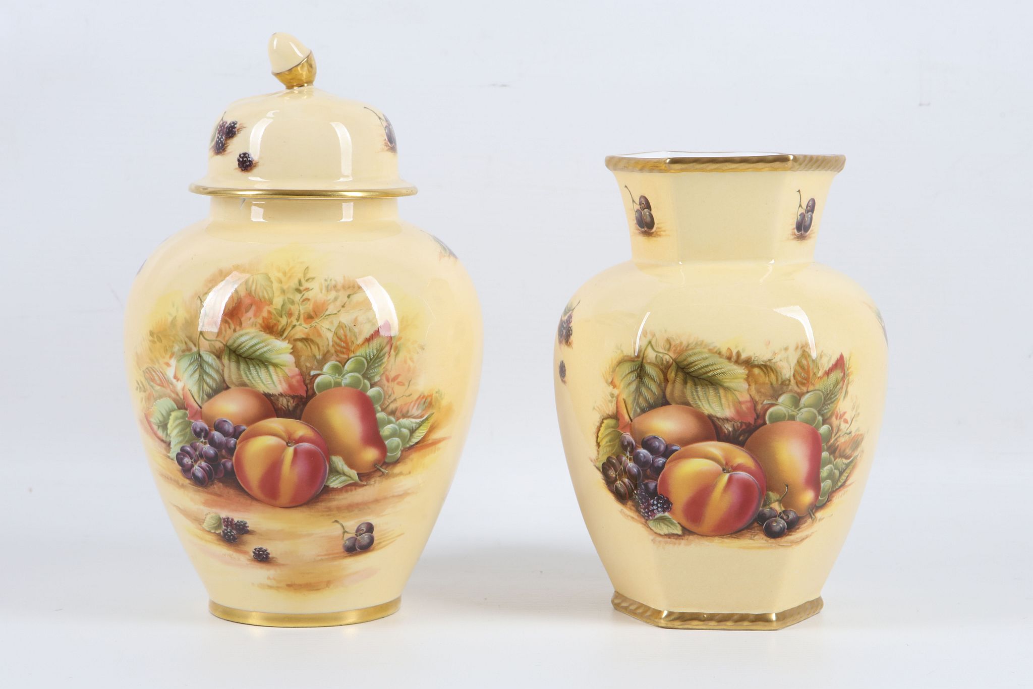 Aynsley bone china vase, decorated with summer fruits on yellow lustre and Aynsley ginger jar and - Image 2 of 5