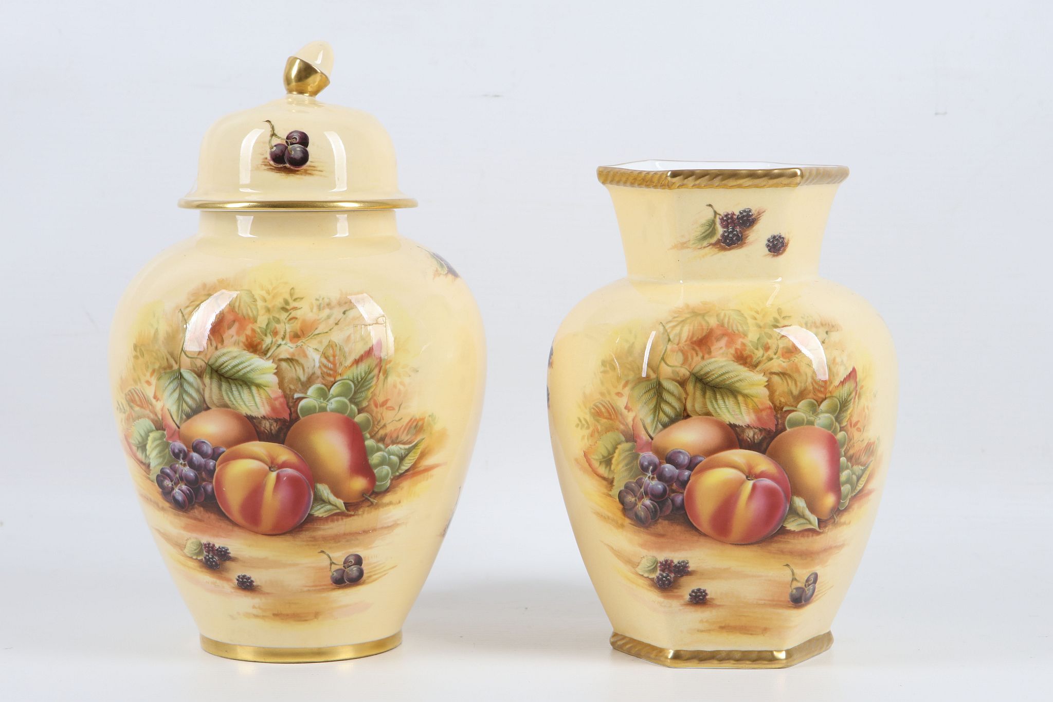 Aynsley bone china vase, decorated with summer fruits on yellow lustre and Aynsley ginger jar and