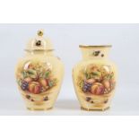 Aynsley bone china vase, decorated with summer fruits on yellow lustre and Aynsley ginger jar and