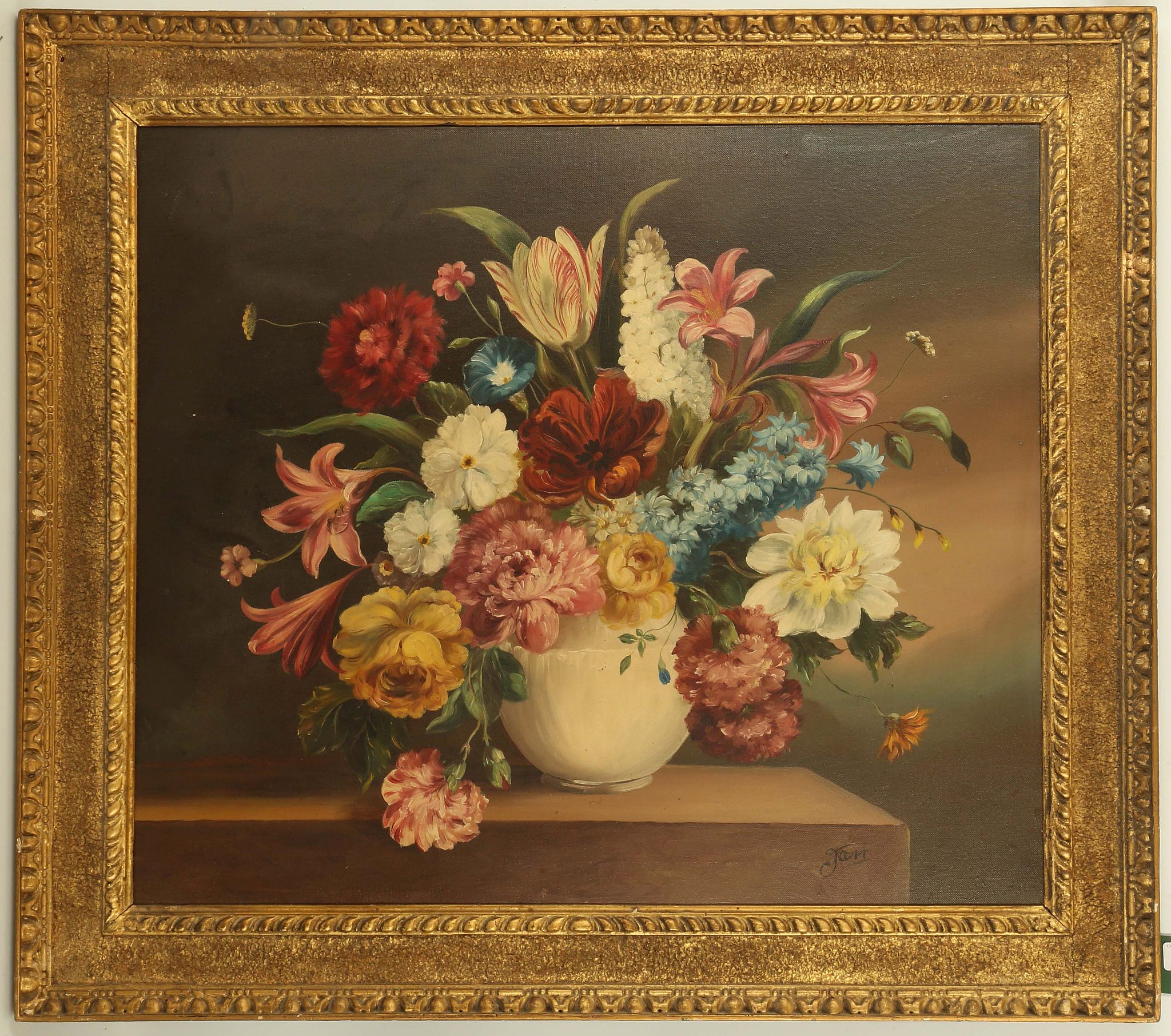 Mid 20th Century, oil on canvas. Cornucopia of flowers, in the style of the Dutch antique, signed '