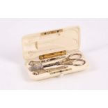 A late 19th Century ivory cased necessaire, the worked interior with silver nail scissors, pin