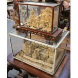 A large balsa wood model of an Oriental temple in glass case, together with a cork model also in a