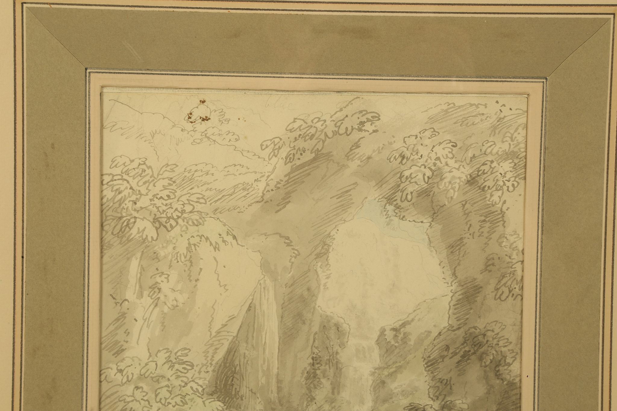 Anthony Devis 1729-1817. 'Waterfall with two Monks'. Watercolour, pen and grey ink wash. Label verso - Image 3 of 4