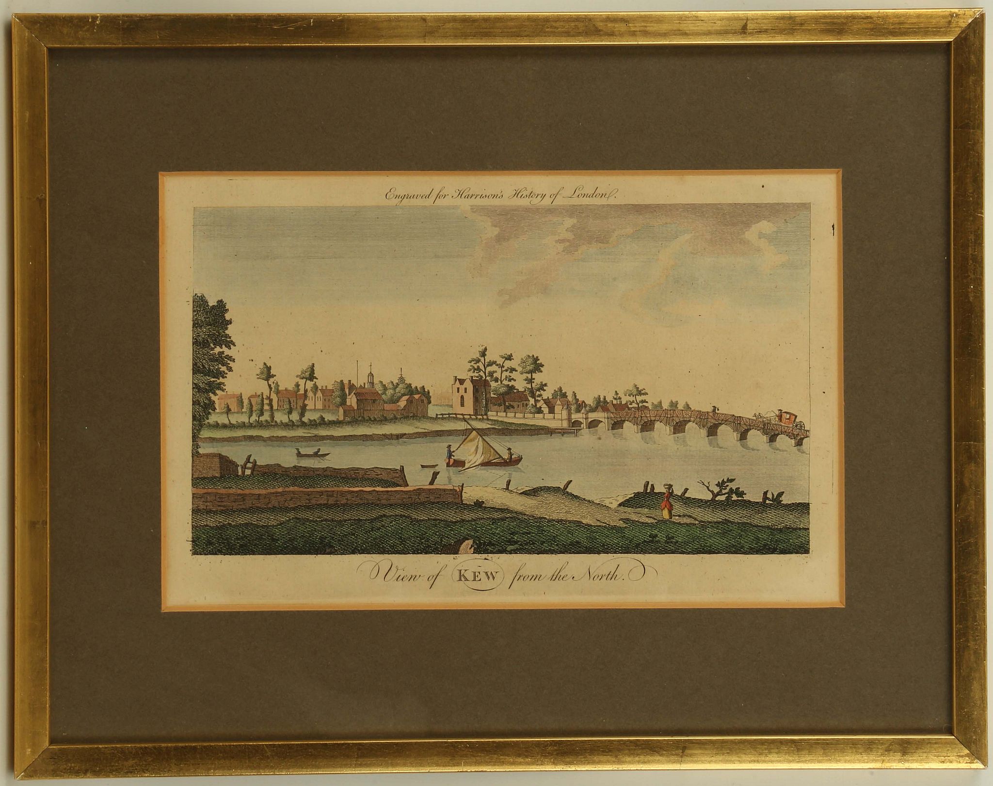 From Harrison's History of London, a set of three colour engravings: 'Richmond from the River', 'Kew