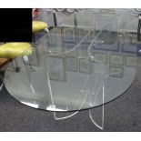 A modern glass topped dining table, on lucite support, 213 x 91cm.